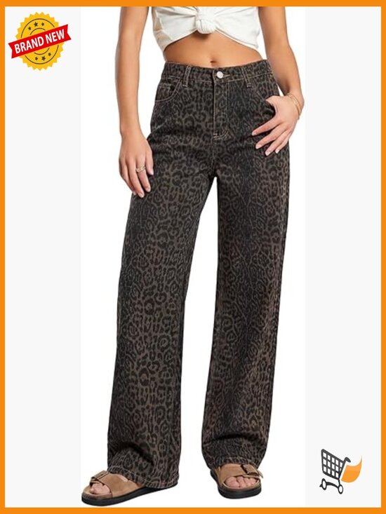 Denim - Wide Leg Baggy Jeans High Waist Leopard Print Y2K Boyfriend Trendy